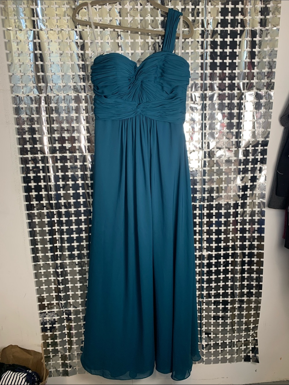 One-Shoulder Teal Ruched Empire Waist Evening Dress
